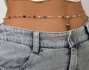Cadena de cintura de cristal de colores, joyería bohemia para el vientre para mujer, cadena corporal de playa de verano, joyería de cintura para festivales.