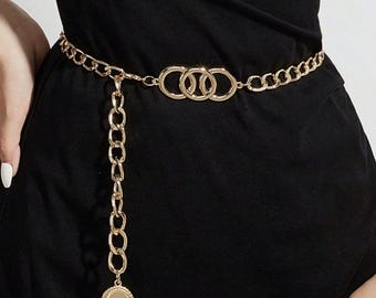 Cinturón minimalista de cadena de tres anillas para mujer, dorado y plateado, ajustable, de metal, elegante.