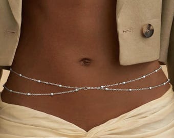 Gold / Silber Edelstahl Perle Taillenkette, zweilagige Satelliten Körperkette für Strand & Sommer tragen