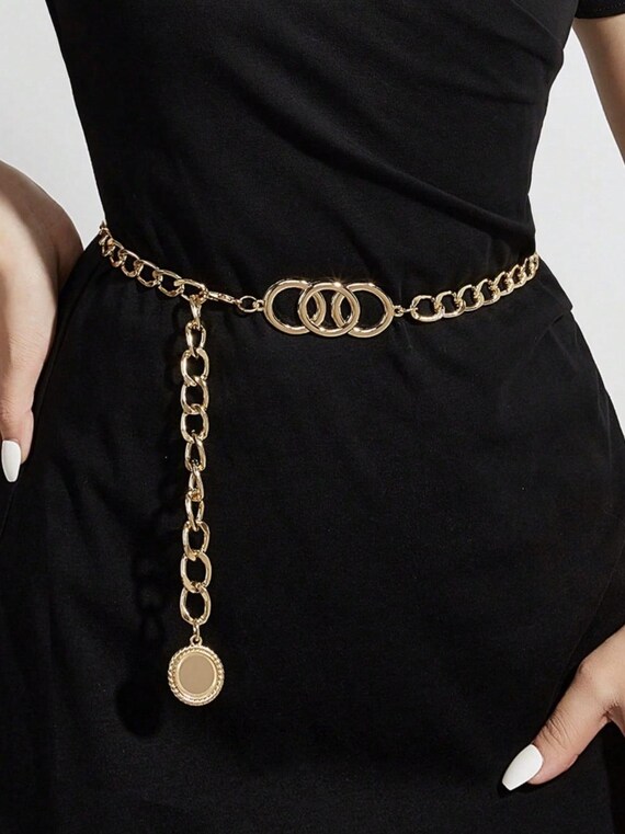 ladies dress waist chain belt Minimalist 3 Ring for Women, Gold Silver Chain Belt, Adjustable Metal Waist Jewelry, Elegant Belt Books and Media