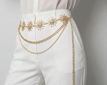 Cinturón de cadena multicapa dorado con diseño de sol y luna, cadena celestial para el vientre, ideal para vestidos de mujer.