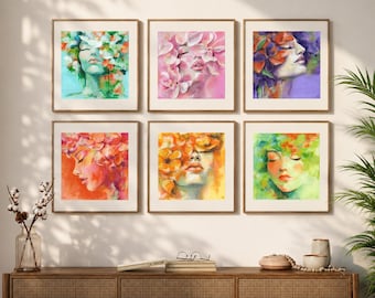 花柄のポートレートアートプリント、植物の壁飾り、女性らしい花の絵画、カラフルなホームデコレーション