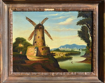 ANTIGUO Thomas Chambers (inglés-estadounidense, 1808-1869) "Paisaje con molino de viento" Óleo sobre lienzo