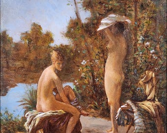 Óleo antiguo sobre tabla de madera biselada del importante artista francés del siglo XIX, Jules Scalbert (francés, 1851-1928).