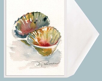 Seashell Greeting Card Printed Watercolor Scallop Shell Card by Dotty Reiman - Celebration, Birthday Card, Sun Surf & Sand - Just add Water