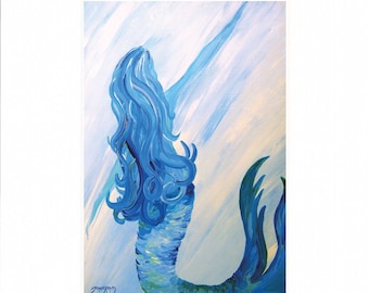 Mermaid Art Print by Tamara Kapan titled "Looking Back" // Blue Mermaid Decor Fine Art Print // Many Sizes Available //  FREE SHIPPING