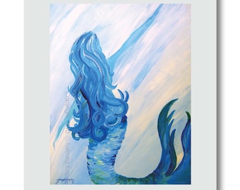 Mermaid Decor Wall Art Print by Tamara Kapan titled "Looking Back" // Blue Mermaid Beach Decor // Many Sizes Available // Made to Order