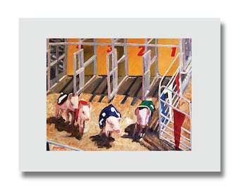 May include: A painting of four piglets wearing colorful racing jerseys, lined up at the starting gate of a pig race. The piglets are in the starting gate, with the numbers 1, 2, 3, and 4 visible above their stalls.