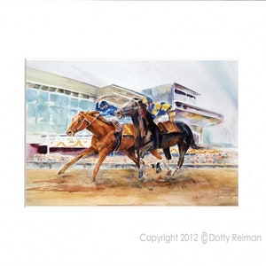 May include: A watercolor painting of two horses racing on a dirt track. The horses are brown and black, and the jockeys are wearing colorful silks. The painting is set against a backdrop of a racetrack grandstand.