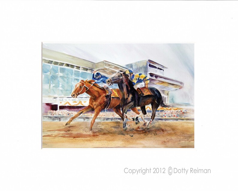 May include: A watercolor painting of two horses racing on a dirt track. The horses are brown and black, and the jockeys are wearing colorful silks. The painting is set against a backdrop of a racetrack grandstand.