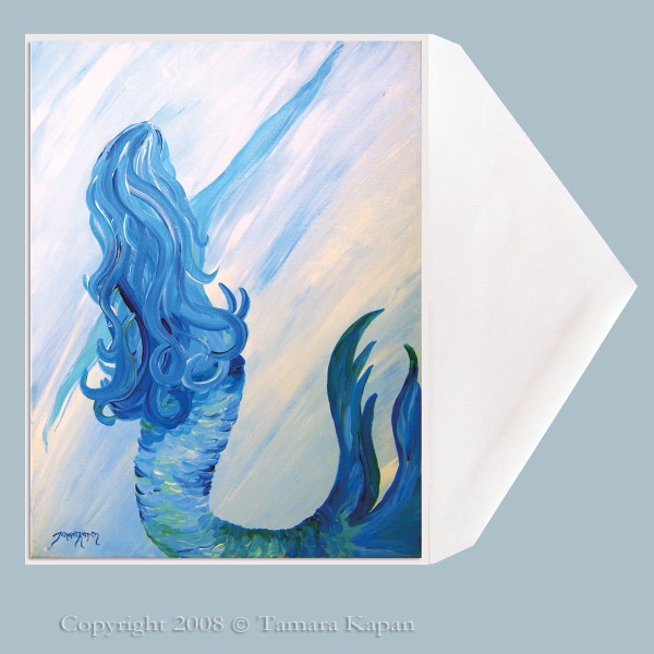 FREE SHIPPING  Mermaid art "Looking Back" blank Greeting Card by Tamara Kapan - option to customize with personal message inside card!