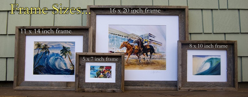 May include: Four rustic wooden picture frames in various sizes, including 16 x 20 inches, 11 x 14 inches, 8 x 10 inches, and 5 x 7 inches. The frames are all made of reclaimed wood and have a natural, weathered finish.