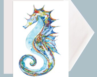 Seahorse Greeting Card by Tamara Kapan - Seahorse Art Blank on Inside - Celebration, Birthday Card, Sun Surf & Sand - Just add Water