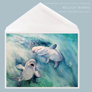 Beluga Whale Painting Greeting Card - Beluga Babies by Dotty Reiman  - Watercolor Ocean Art, Whales and Dolphin Celebration, Birthday Card