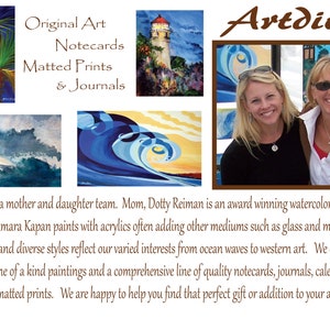 May include: A mother and daughter team, Artdivas, create original art, notecards, matted prints, and journals. The image shows a variety of their artwork, including paintings of ocean waves and a lighthouse. The artists are also pictured in the image.