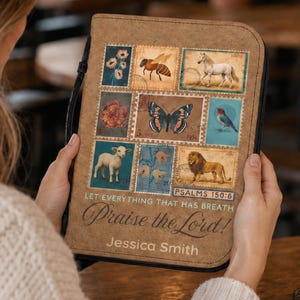 Gepersonaliseerde Bijbelhoes met Psalm 150:6, christelijk cadeau, vintage etui met Bijbeltekst en ritssluiting voor vrouwen