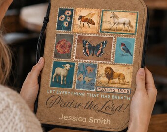 Personalized Bible Cover Psalm 150:6 Christian Gift Vintage Stamp Scripture Zipper Case for Women