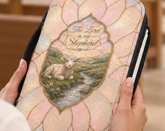 Christian Bible Cover, Psalm 23 Lamb Stained Glass Zippered Case, Religious Gift for Women