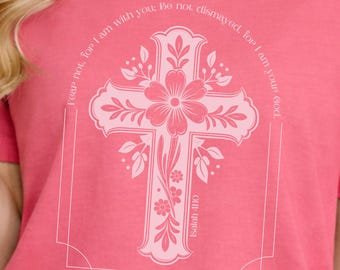 Camiseta com Cruz Cristã Isaías 41:10 Estampa Floral Fé Bella Canvas