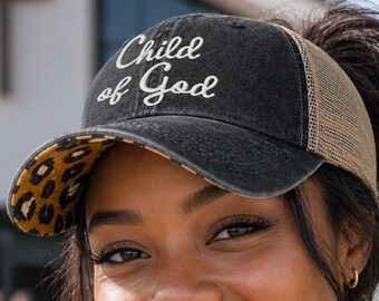 Christian Child of God Embroidered Trucker Hat, Vintage Washed Faith Baseball Cap
