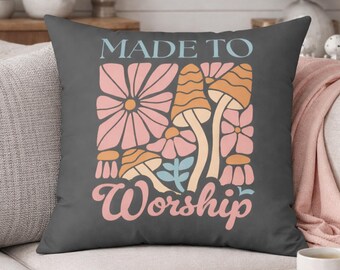 Almofada decorativa "Feito para Adorar", estampa floral de cogumelos, estilo cristão, toque retrô de fazenda.