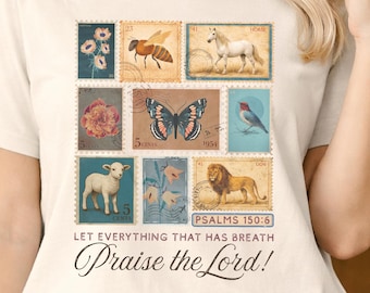 Christian Vintage Postage Stamp, Praise the Lord Shirt, Psalm 150:6, Faith Cottagecore