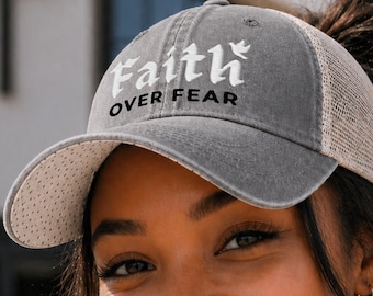 Christian Faith Over Fear Embroidered Hat for Women, Inspirational Ponytail Baseball Hat, Faith Cap, Boutique Mesh Back Hat