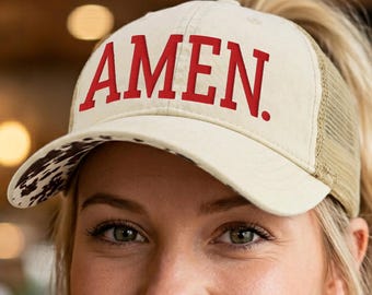 Czapka chrześcijańska AMEN z haftem, odzież religijna, czapka baseballowa z siateczki typu trucker, prezent religijny dla kobiet,