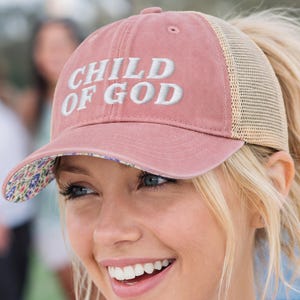 Child of God Christian Embroidered Trucker Hat Ponytail Floral Baseball Cap Woman Faith Gift