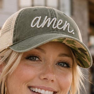 Christian Amen Hat, Embroidered Ponytail Cap, Faith Mesh Back Washed Cotton Trucker Baseball