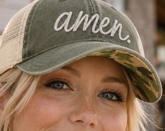 Christian Amen Hat, Embroidered Ponytail Cap, Faith Mesh Back Washed Cotton Trucker Baseball