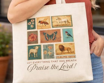 Bolsa de tecido cristã vintage com estampas da natureza, Salmo 150:6 Louvado seja o Senhor, presente de fé estilo cottagecore