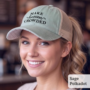 Christian Make Heaven Crowded Embroidered Hat, Faith Distressed Baseball Ponytail Mesh Cap, Gift