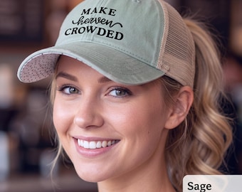 Christian Make Heaven Crowded Embroidered Hat, Faith Distressed Baseball Ponytail Mesh Cap, Gift