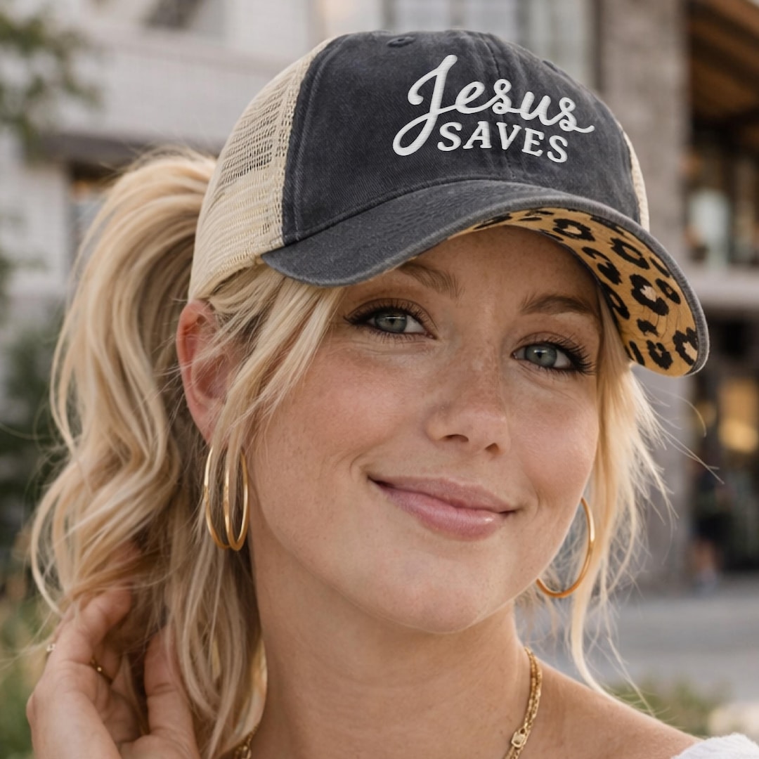 Christian Jesus Saves Embroidered Hat for Women, Ponytail Unstructured Baseball Cap, Faith