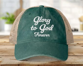 Christian Embroidered Hat, Glory to God Forever, Faith Weathered Cap Gift, Ponytail Mesh, Worship