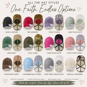 Light pink women’s Christian trucker hat with white embroidered “Jesus Saves” text, two toned hat. Styled on a smiling woman with curly ponytail in front of a modern church. Vintage washed unstructured ponytail baseball cap with feminine floral details and faith-inspired boutique style.