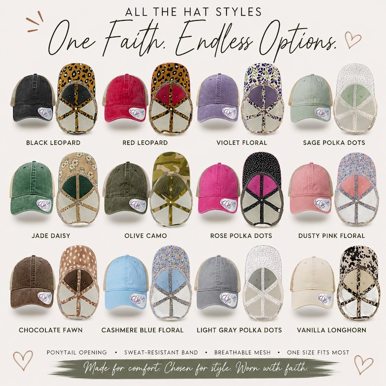 Light pink women’s Christian trucker hat with white embroidered “Jesus Saves” text, two toned hat. Styled on a smiling woman with curly ponytail in front of a modern church. Vintage washed unstructured ponytail baseball cap with feminine floral details and faith-inspired boutique style.