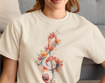 Camiseta Comfort Colors® com estampa floral em aquarela e clave de sol - Presente perfeito para cantores e músicos.