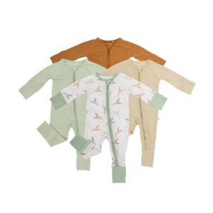 K&ouml;nnte beinhalten: Vier Baby-Schlafanz&uuml;ge in verschiedenen Farben: Hellgr&uuml;n, Beige und Rost. Ein Schlafanzug hat einen wei&szlig;en Hintergrund mit einem Muster aus braunen und gr&uuml;nen Formen. Alle haben lange &Auml;rmel, angen&auml;hte F&uuml;&szlig;e und einen durchgehenden Rei&szlig;verschluss.