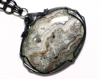 Mexican Lace Agate, Agate Necklace, Wire Wrap Necklace, Copper and Silver Jewelry, Lace Agate Necklace