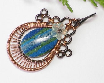 Copper Pendant,Rainbow Calcilica,Fluorite,Artisan Jewelry,Wire Wrapped Jewelry,Handmade Jewelry,Fluorite Jewelry, Rainbow Calcilica Jewelry,