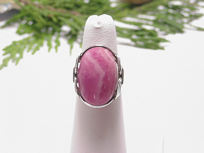 Ring, Rhodochrosite Ring, Statement Ring, Artisan Jewelry, Sterling Silver Wire Wrap Ring, Handmade Jewelry, Pink Stone image 3