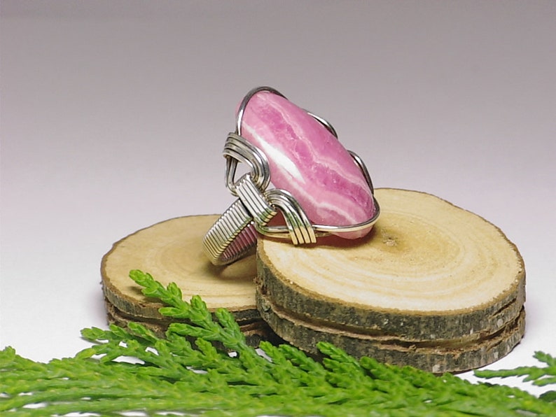 Ring, Rhodochrosite Ring, Statement Ring, Artisan Jewelry, Sterling Silver Wire Wrap Ring, Handmade Jewelry, Pink Stone image 2