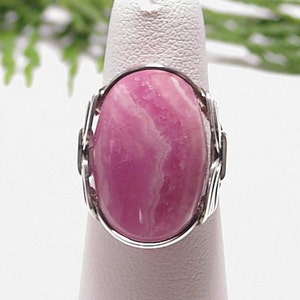 Ring, Rhodochrosite Ring, Statement Ring, Artisan Jewelry, Sterling Silver Wire Wrap Ring, Handmade Jewelry, Pink Stone image 1