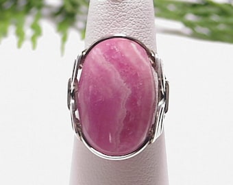 Ring, Rhodochrosite Ring, Statement Ring, Artisan Jewelry, Sterling Silver Wire Wrap Ring, Handmade Jewelry, Pink Stone