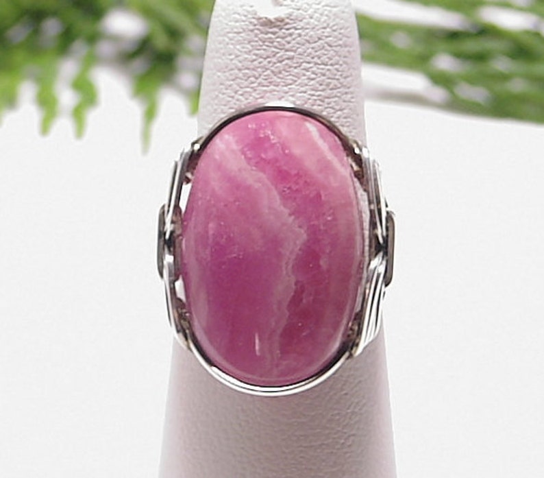 Ring, Rhodochrosite Ring, Statement Ring, Artisan Jewelry, Sterling Silver Wire Wrap Ring, Handmade Jewelry, Pink Stone image 1