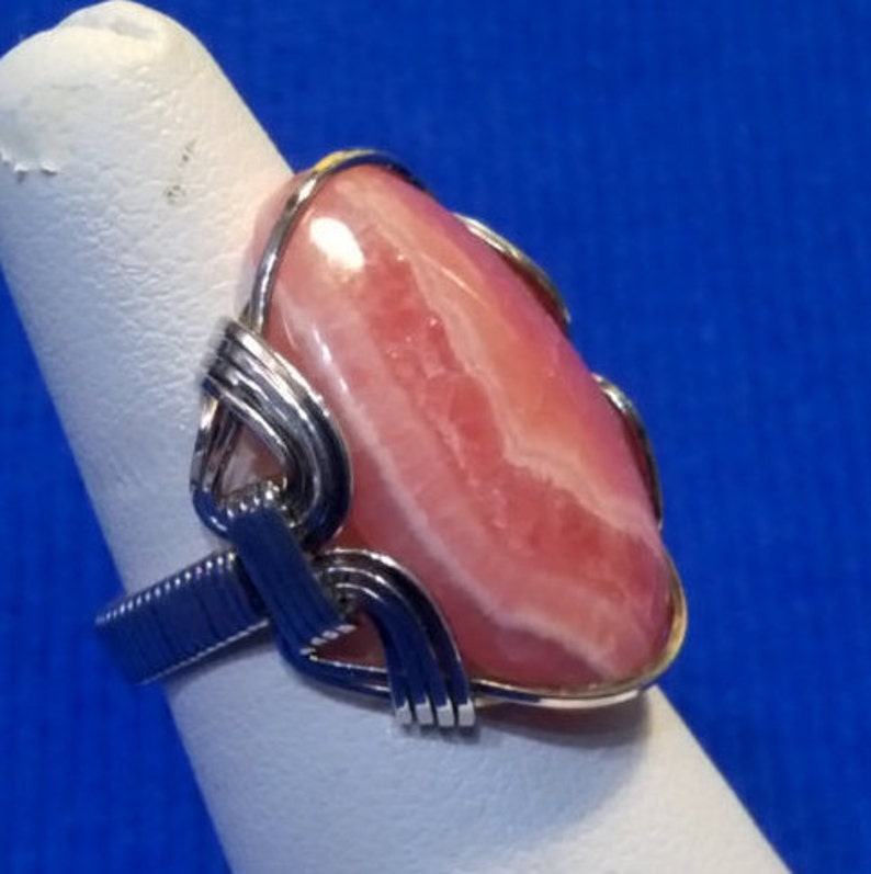 Ring, Rhodochrosite Ring, Statement Ring, Artisan Jewelry, Sterling Silver Wire Wrap Ring, Handmade Jewelry, Pink Stone image 6