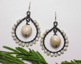 Hoop Earrings. Mother of Pearl Earrings, Beaded Hoop Earrings, Wire Wrapped Earrings, Copper Earrings, Handmade Earrings, Dangle Earrings