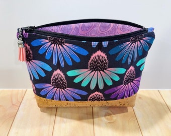 Zipper Pouch, Free Spirit Fabric, Flower Pouch, Daisy Pouch, Pouch, Coneflower Bag, Zipper Bag, Neon Bag, Bright Floral Pouch, Echinacea
